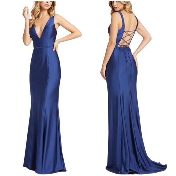 Mac Duggal NWOT Plunge Neck Satin Trumpet Gown Maxi Dress Size 10 Sapphire Blue